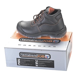 Sicherheitsstiefel Job Basic S3, schwarz-orange, Größe 46, auf einem Karton.