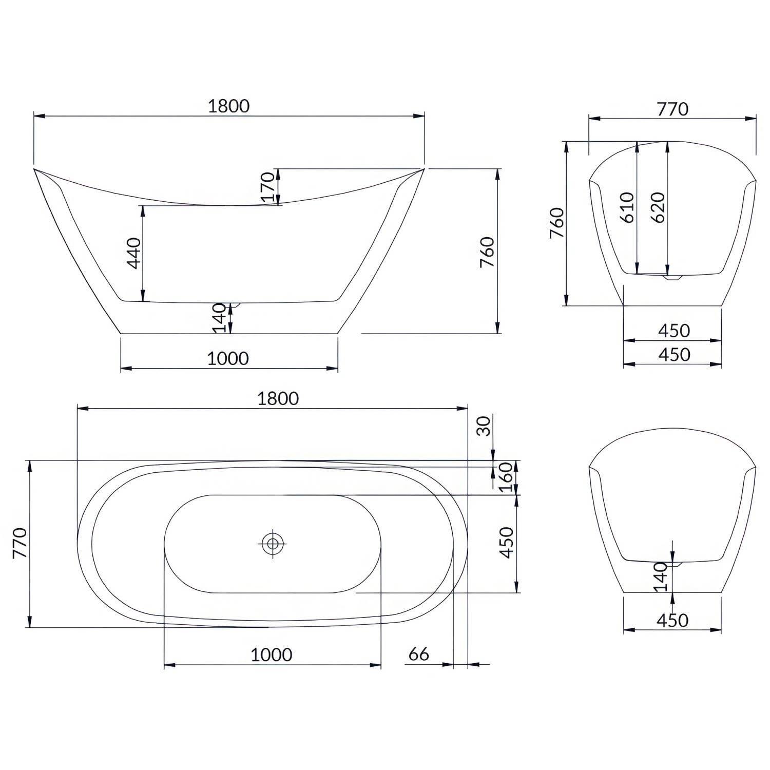 Bad Land Freistehende Badewanne IVAR 180x80 + Ablauf_16
