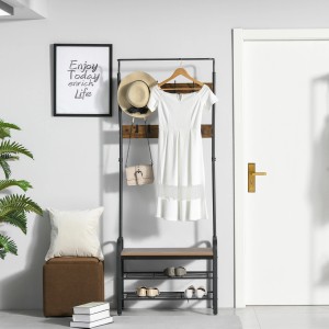 HOMCOM Garderobenständer mit 8 Haken, 2 Ablagen, schwarz. Garderobe aus MDF und Metall.