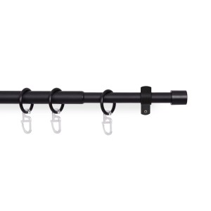 Schwarze, ausziehbare Stilgarnitur (120-220 cm) mit Ringen und Faltenlegehaken für Fenstervorhänge.