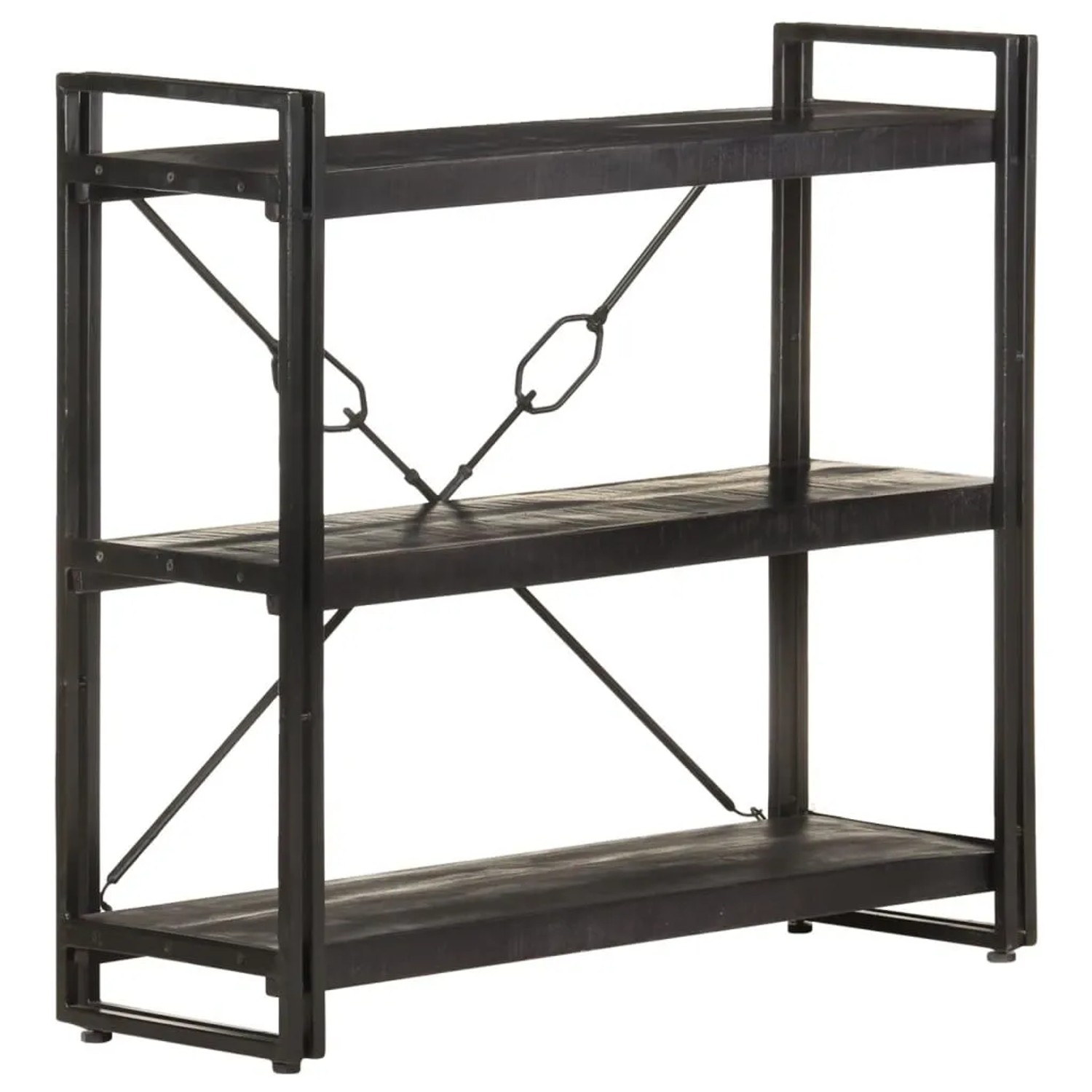 Schwarzes Bücherregal aus Mangoholz und Stahl mit 3 Ablagen, Industrial-Design, stabilen X-Streben.