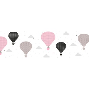 Grafik Tapete Kindertapete mit rosa, grauen und schwarzen Heißluftballons und Wolken.