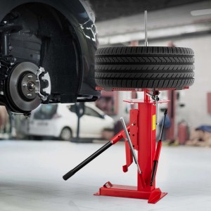 Rotes Wiltec Reifenmontiergerät aus Stahl mit Autoreifen in Werkstatt. Universelles Montagegerät für effizienten Reifenwechsel.