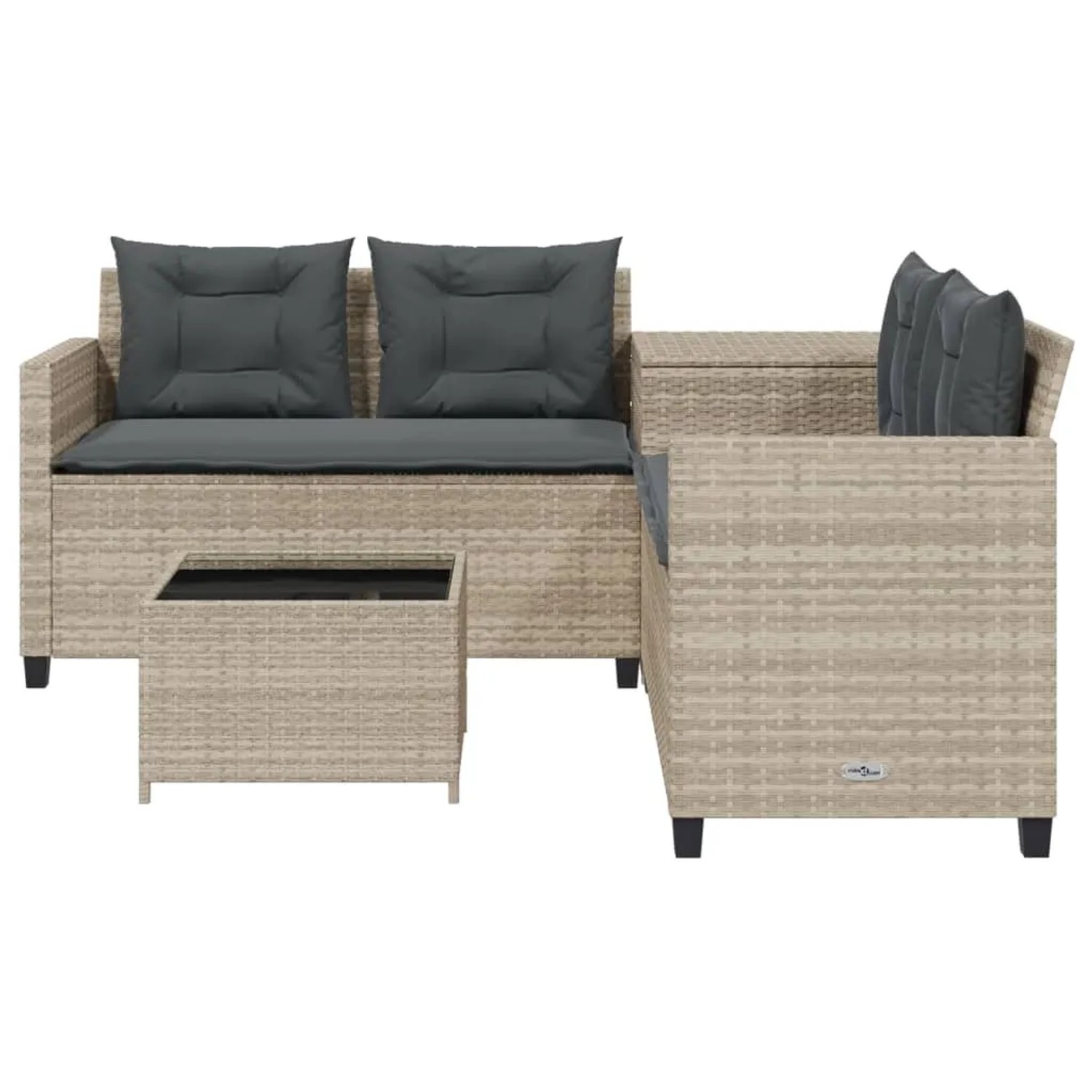Hellgraues vidaXL Gartensofa in L-Form mit Tisch und grauen Kissen aus Polyrattan.
