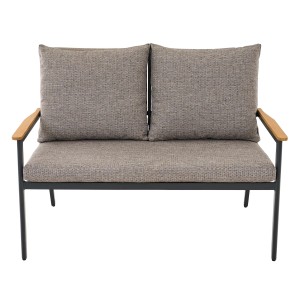 Siena Garden 2er-Bank Liguria Comfort Plus mit Kissen, grau-braunes Polster, Holzarmlehnen.