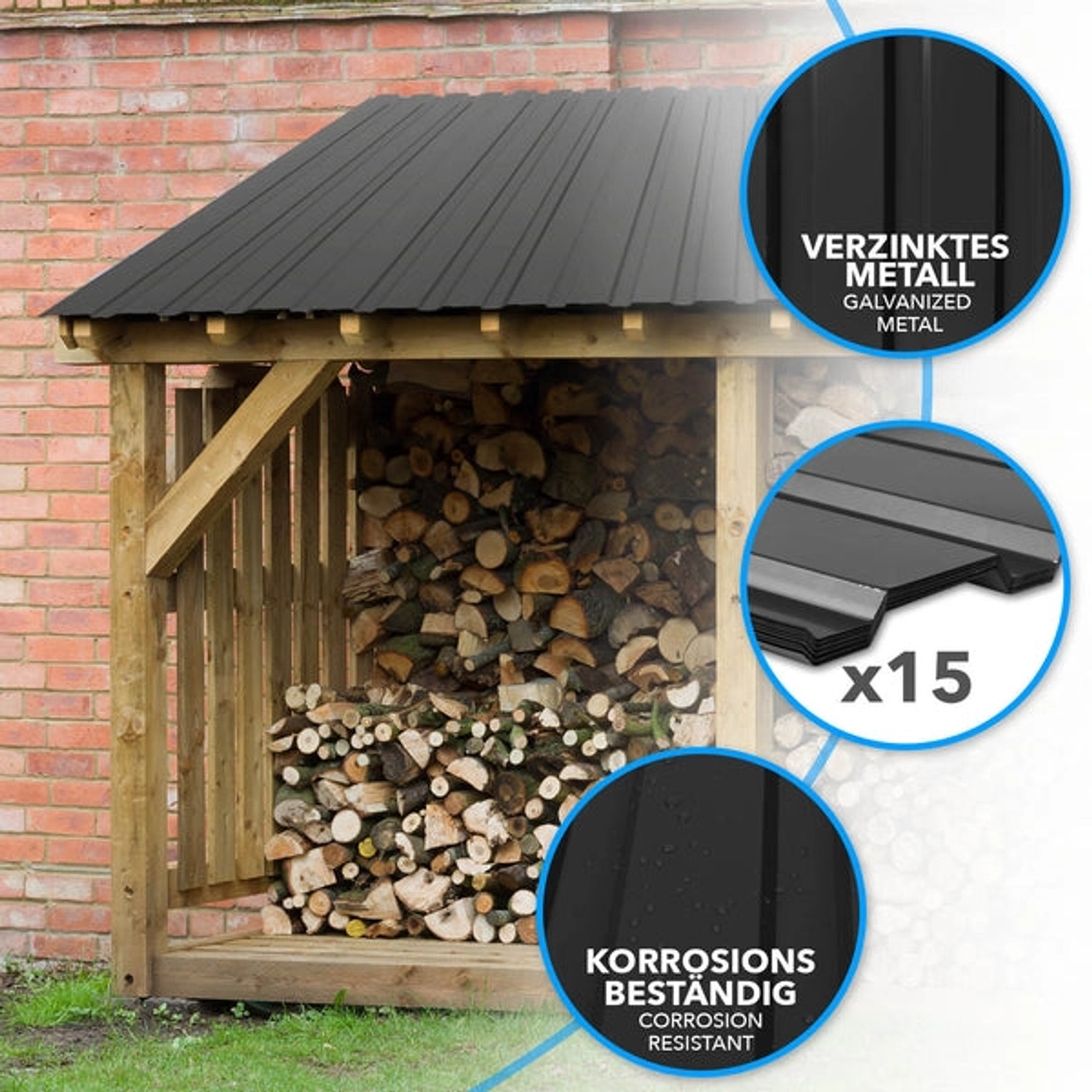 Schwarzes Karat Trapezblech als Dach für Holzunterstand, 15er Set Profilbleche inkl. Schrauben.