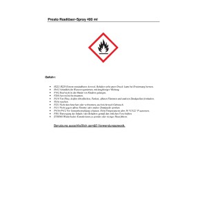 Etikett des Presto Rostlöser-Sprays 400 ml mit Gefahrenhinweisen.