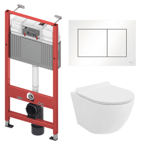 KOLMAN WC-Komplettset: rotes Vorwandelement, weißes Wand-WC mit Sitz und weiße Betätigungsplatte für moderne Bäder.
