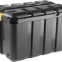 Schwarze Aufbewahrungsbox BoxOne mit Deckel, 4 Rollen und 140 l Fassungsvermögen.