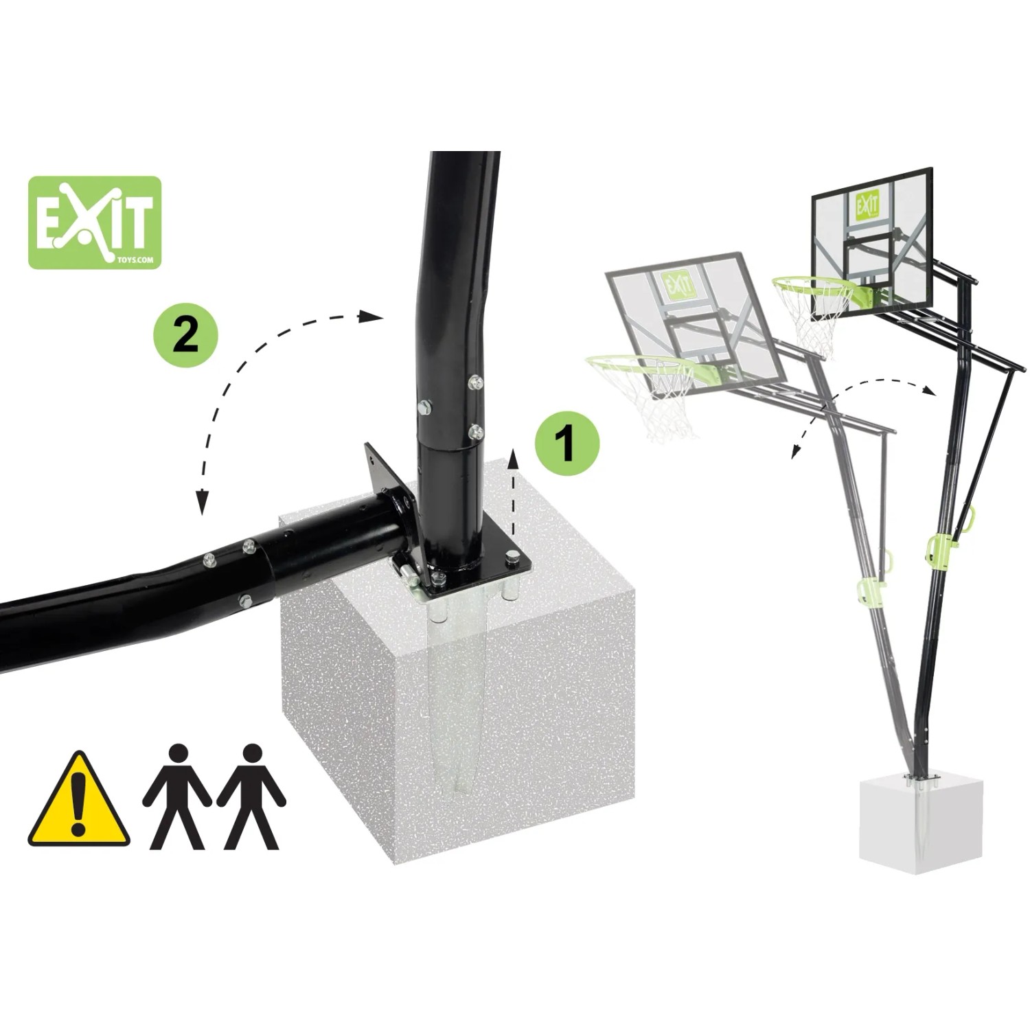 EXIT Galaxy Basketballkorb zur Bodenmontage, grün/schwarz, mit Höhenverstellung und Montagehinweis.