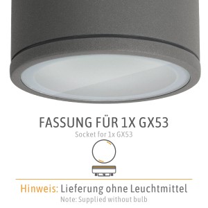 Detailaufnahme: Anthrazitfarbener SSC-LUXon Aufbaustrahler CELI-WX mit GX53 Fassung, ohne Leuchtmittel.
