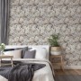 Vliestapete Trendwall 2 Blumen grau/beige im Schlafzimmer.