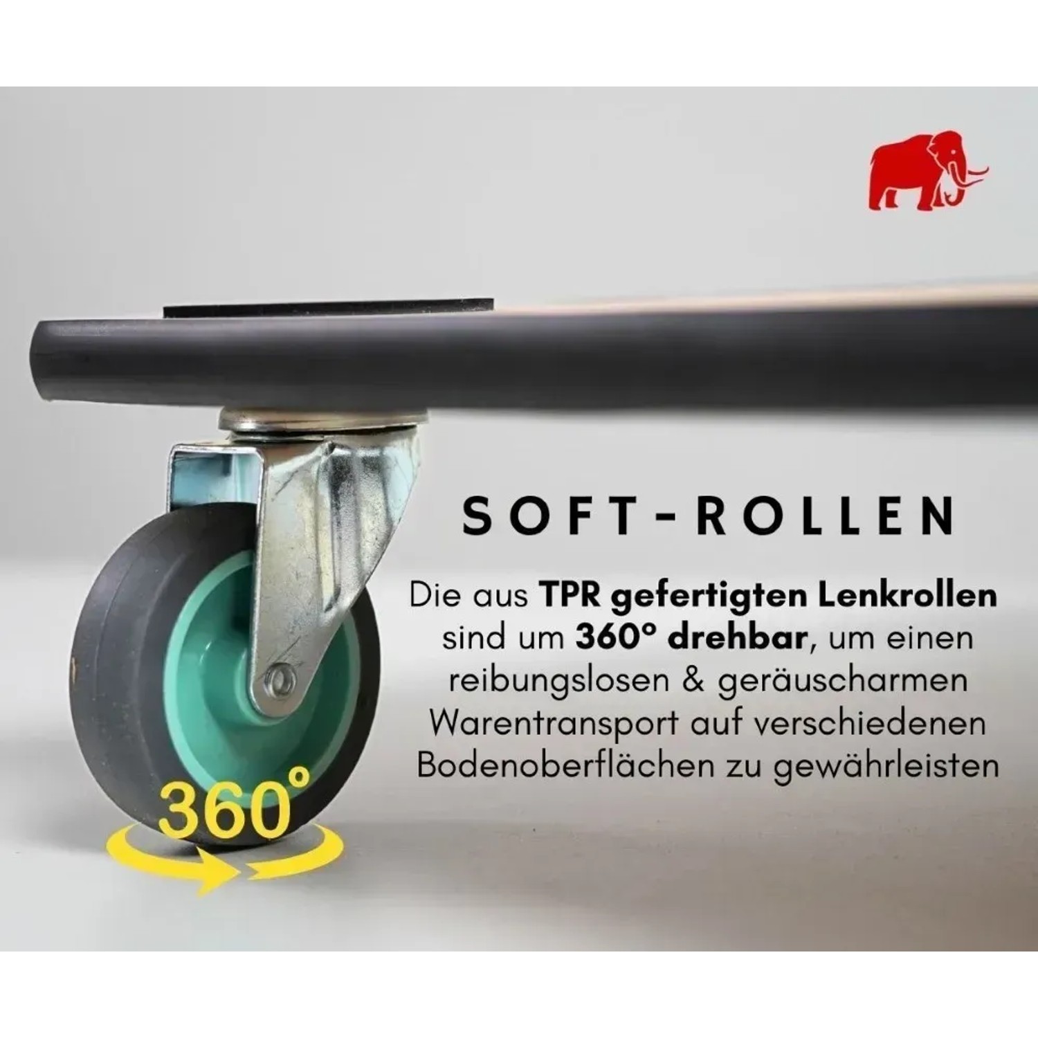 Detailaufnahme Transportroller: Lenkrolle aus Gummi, 360° drehbar für Werkstattwagen.