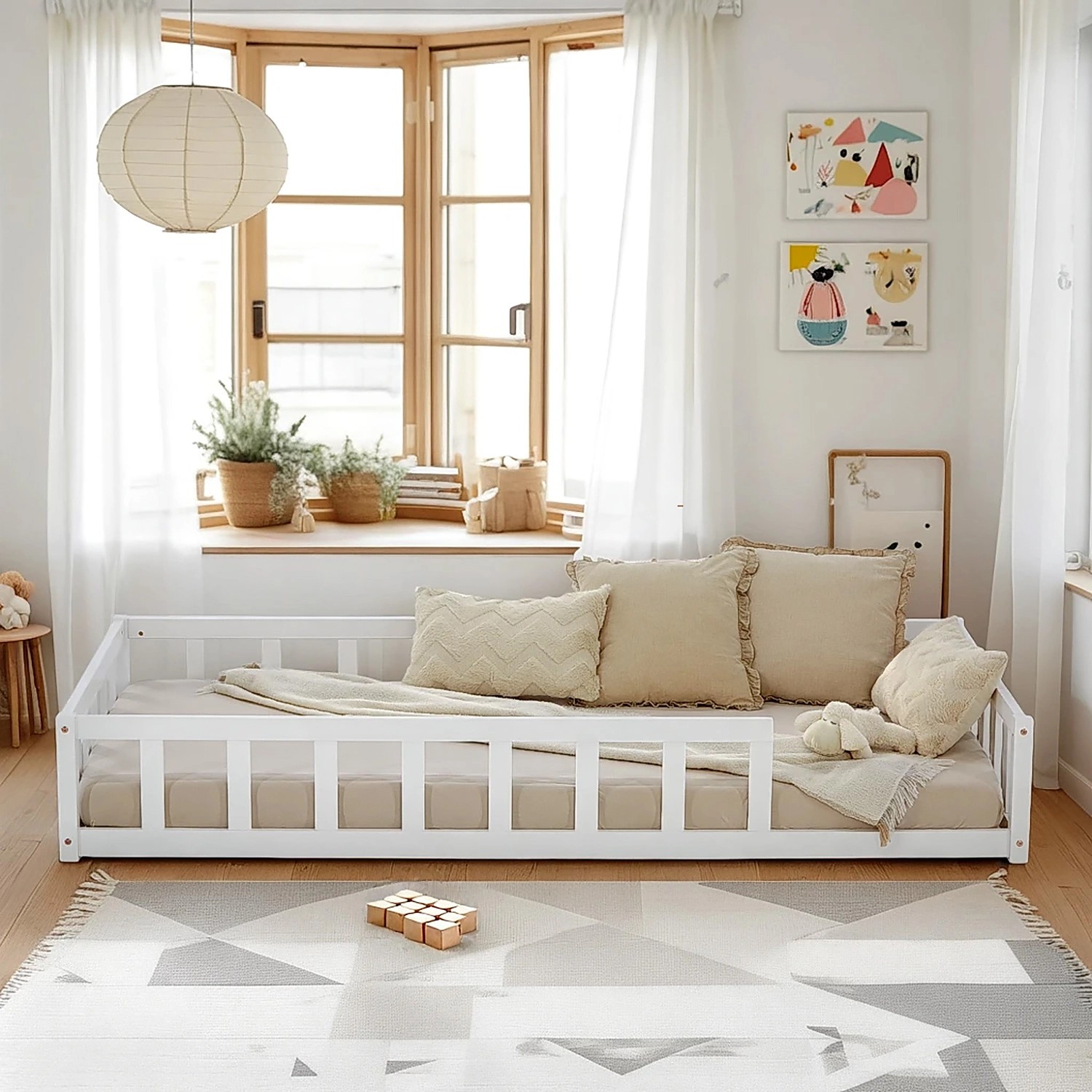 Weißes Homestyle4u Kinderbett 90x200 mit Rausfallschutz, Lattenrost und Matratze.