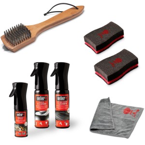 Weber Reinigungsset, 6-teilig für Holzkohlegrills: Grillbürste, Reiniger, Schwämme, Spray und Tuch.