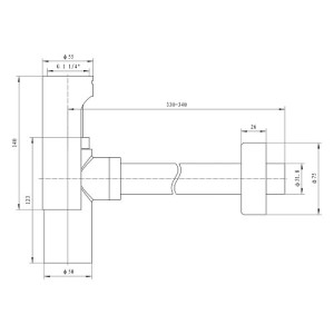 Technische Zeichnung: Sturotec Design Röhrensiphon 1 1/4 Zoll in Chrom mit Maßen.