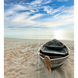 Schulte Duschrückwand mit Ruderboot-Motiv über Eck, 210x90x90cm. Strand und Meer.