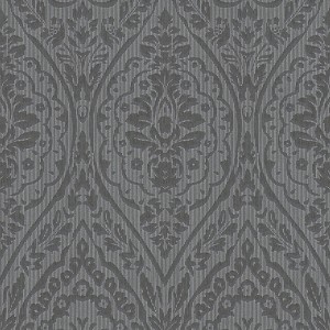 Anthrazitfarbene Textiltapete im Landhausstil mit dunklen Ornamenten für Wohn- und Schlafzimmer.