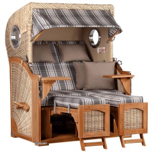 GarWoh Strandkorb Rantum Teak mit PE-Geflecht und grau karierten Polstern.