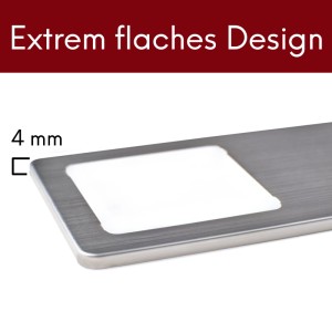 Detailaufnahme: Sehr flache, dimmbare LED Unterbauleuchte aus gebürstetem Edelstahl, 4mm hoch.