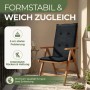 Dunkelgraue Florence Hochlehner Auflage auf Holz-Gartenstuhl auf Balkon. 5 cm Polsterung stützt Rücken & Haltung.