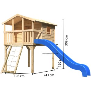 Karibu Stelzenhaus Benjamin naturbelassen mit blauer Rutsche, Leiter und Netzrampe.