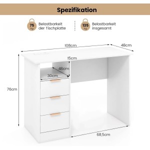 Costway Schreibtisch mit 3 Schubladen und Ladestation Weiß