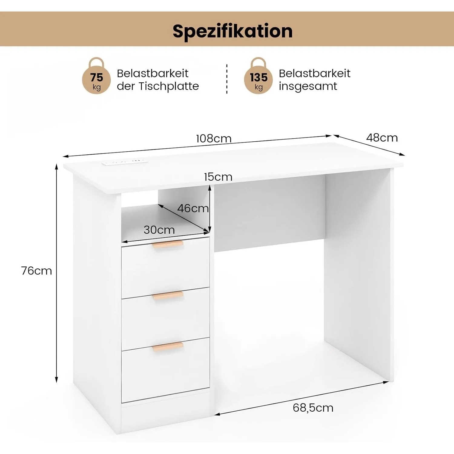 Costway Schreibtisch mit 3 Schubladen und Ladestation Weiß_3
