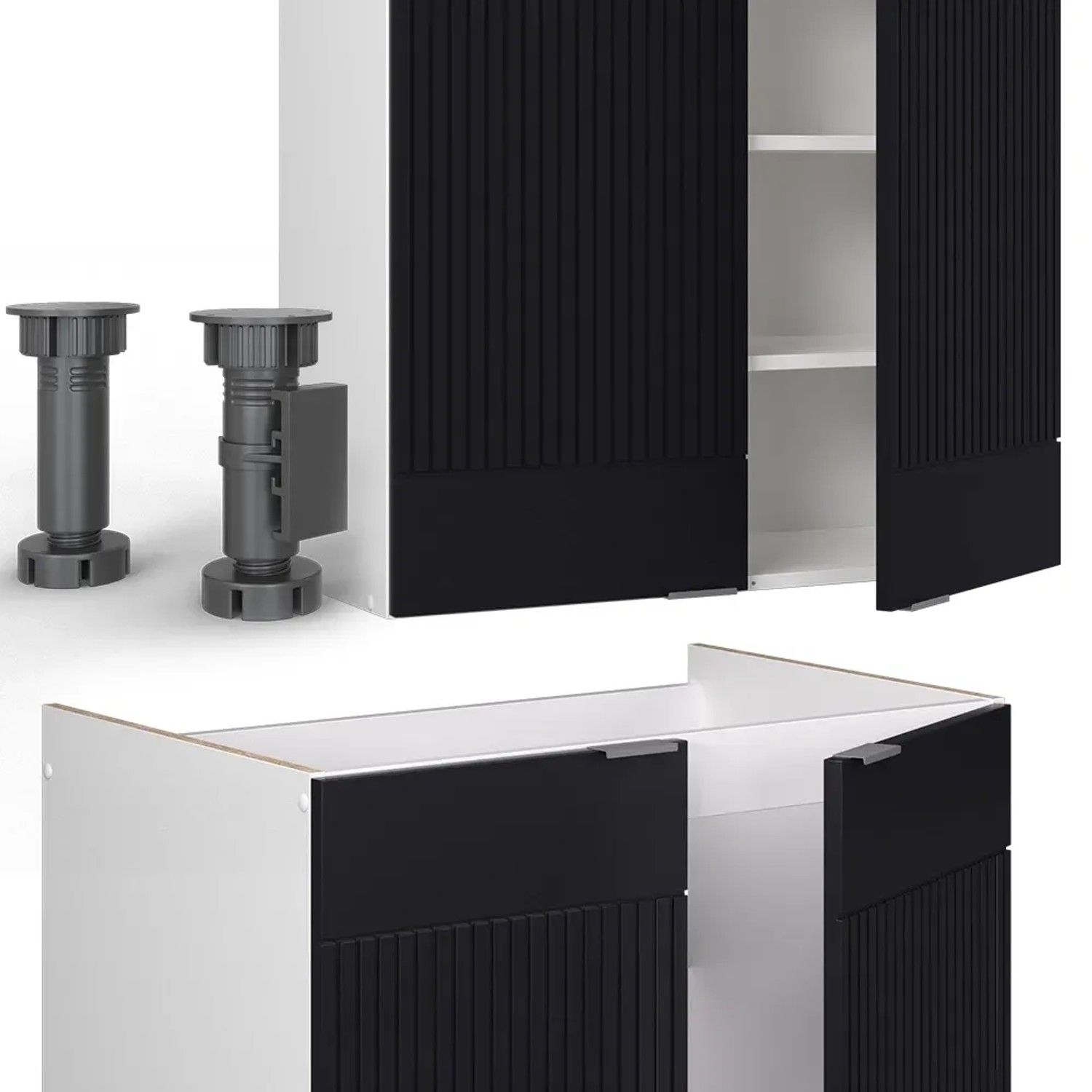 Vicco Fame-Line Küchenzeile, schwarz gestreift/weiß, 235 cm, mit anthrazitfarbener Arbeitsplatte.