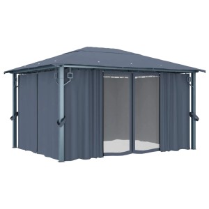 Anthrazitfarbener vidaXL Pavillon 400x300 cm mit Vorhängen und Aluminiumrahmen.