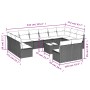 Graue 13-tlg. vidaXL Garten-Sofagarnitur aus Polyrattan mit Kissen und Tisch. Abmessungen sind eingezeichnet.