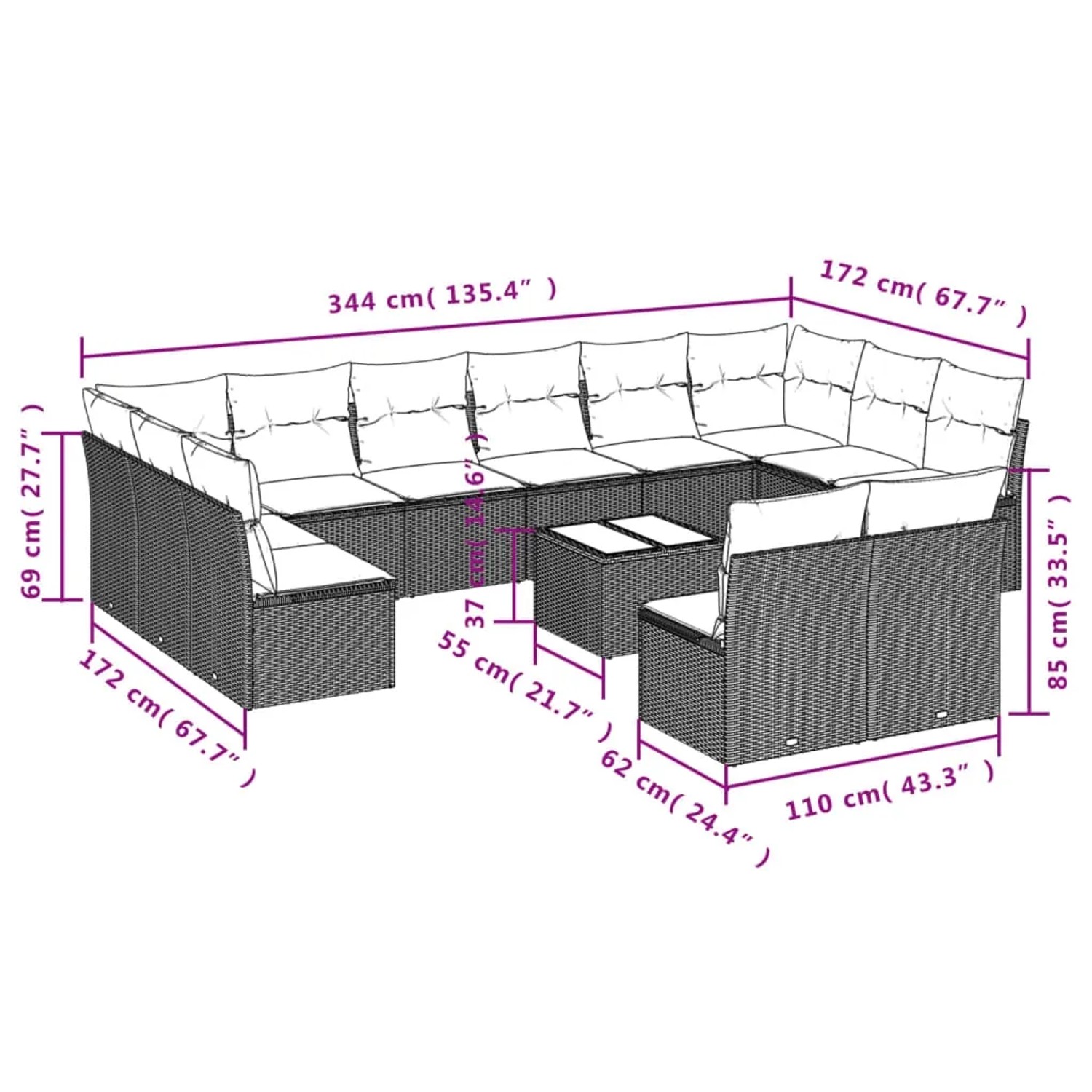 Graue 13-tlg. vidaXL Garten-Sofagarnitur aus Polyrattan mit Kissen und Tisch. Abmessungen sind eingezeichnet.