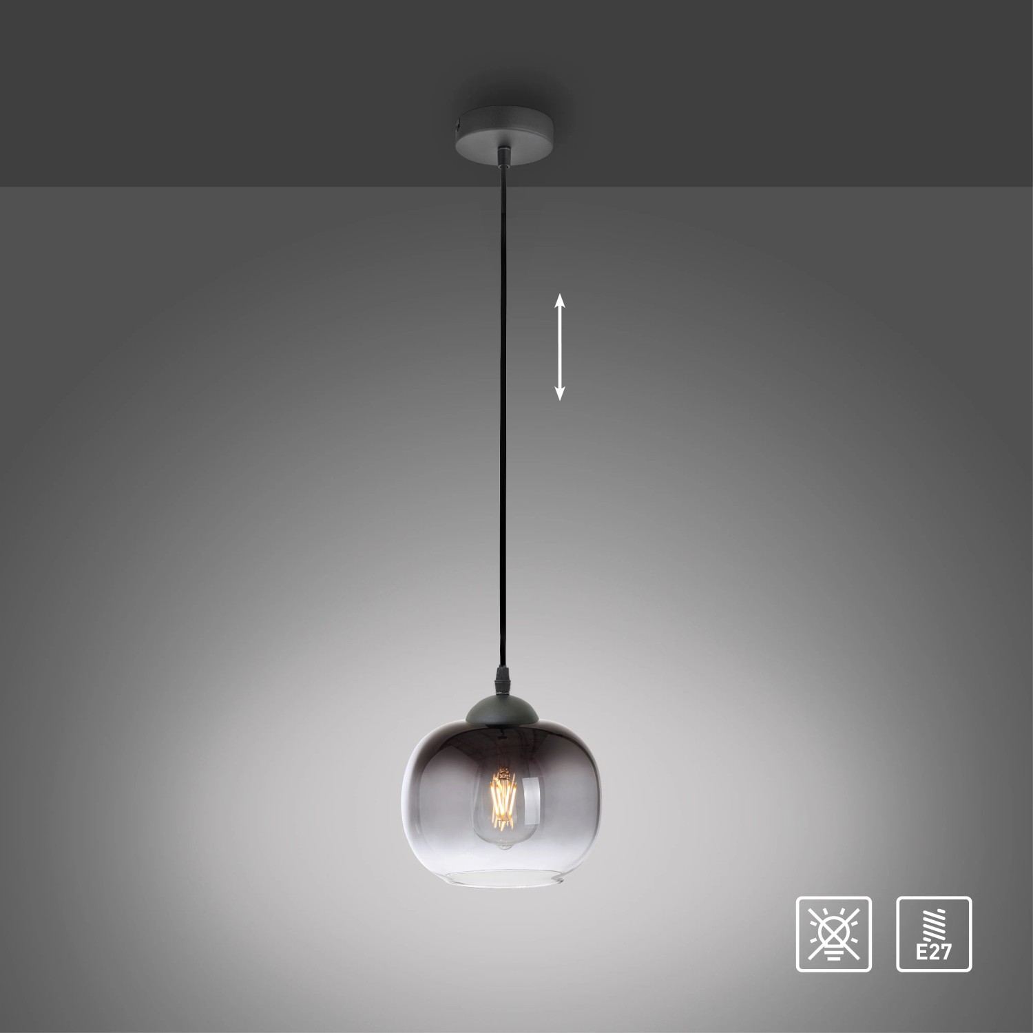 Schwarze Just Light Pendelleuchte Zea, 1-flammig, mit Rauchglas-Schirm und E27 Fassung.
