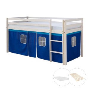 Weißes Homestyle4u Hochbett 90x200 mit blauem Vorhang, Leiter, Lattenrost und Matratze.