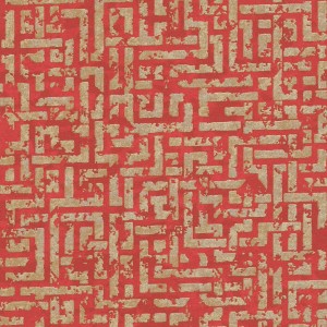 Elegante Vliestapete in Rot und Gold mit Labyrinth Muster für Wohnzimmer und Küche.