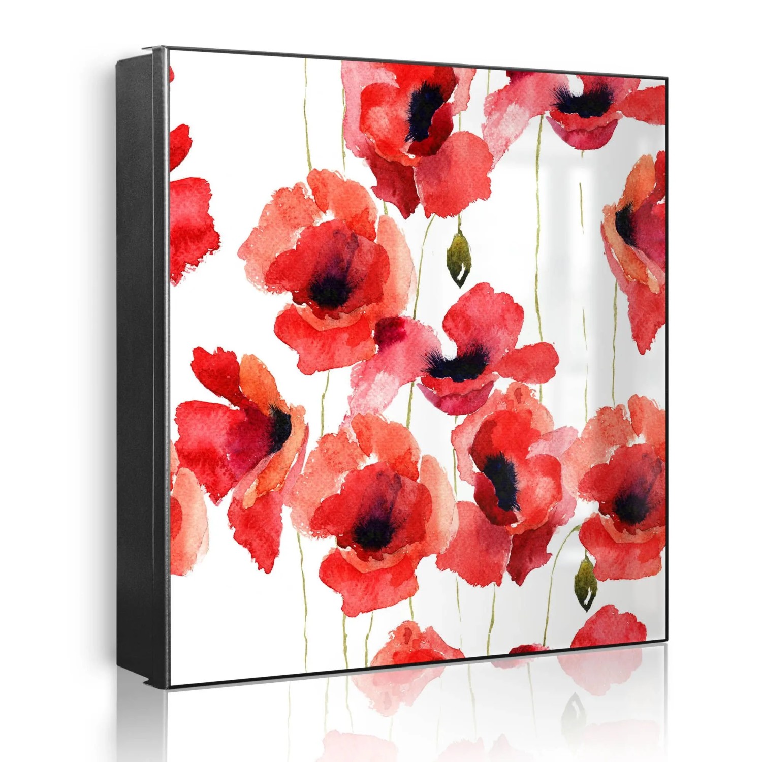 Banjado Großer Schlüsselkasten Metall 30x30cm Schwarz Scharnier Rechts 32 Haken Beschreibbar Magnetisch Motiv Mohn Aquarell