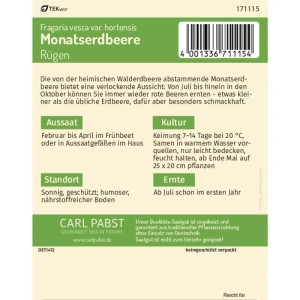Pabst Keimkraft Monatserdbeere Rügen Saatgut. Grüne/weiße Packung mit Anbauanleitung für mehrjährige Erdbeersamen.