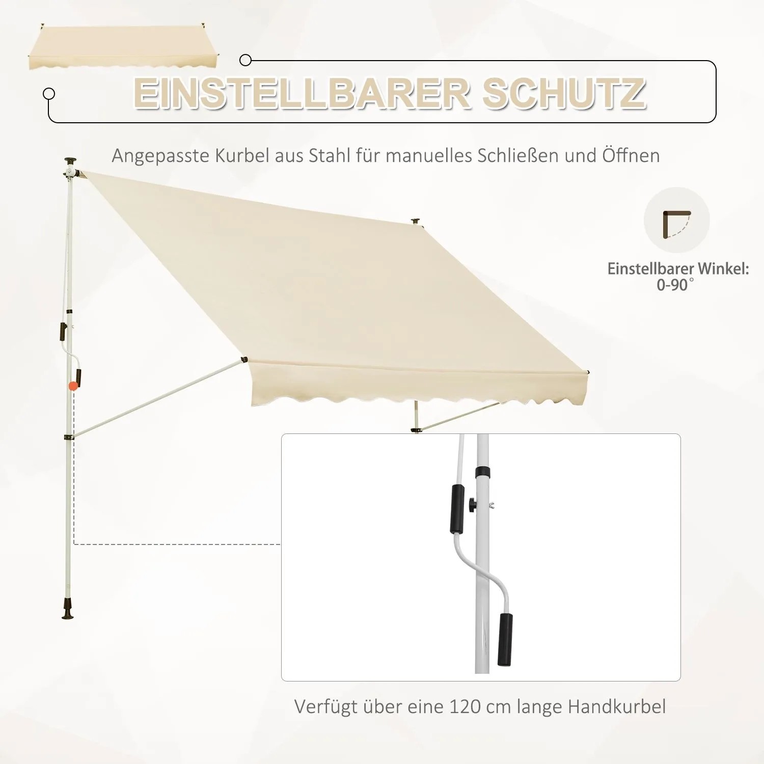 Beige Klemmmarkise 150cm mit Handkurbel für Balkon und Terrasse.