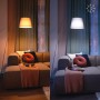 Philips Smart LED Lampe E27, verschiedene Weißtöne in Wohnraum-Szene dargestellt.