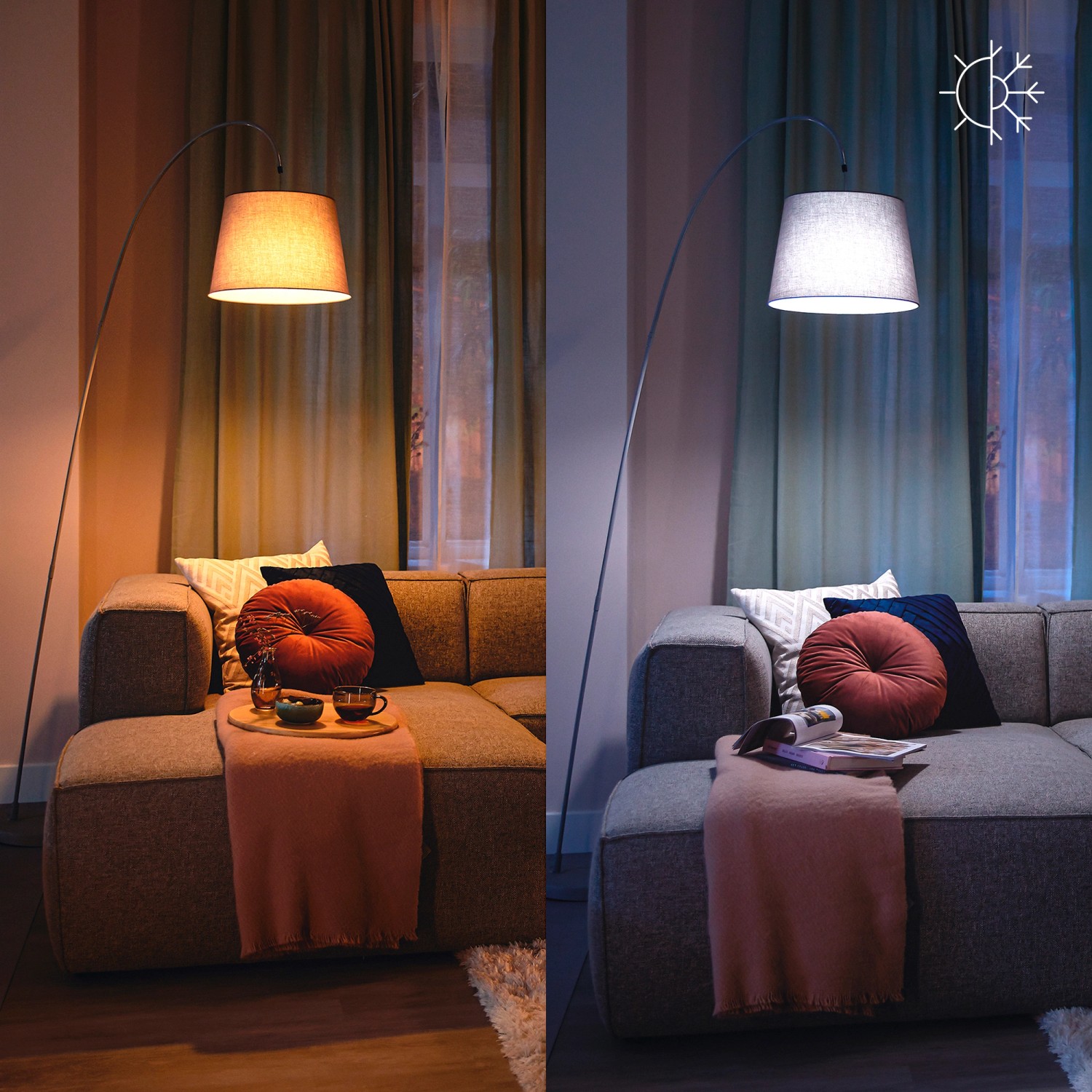 Philips Smart LED Lampe E27, verschiedene Weißtöne in Wohnraum-Szene dargestellt.