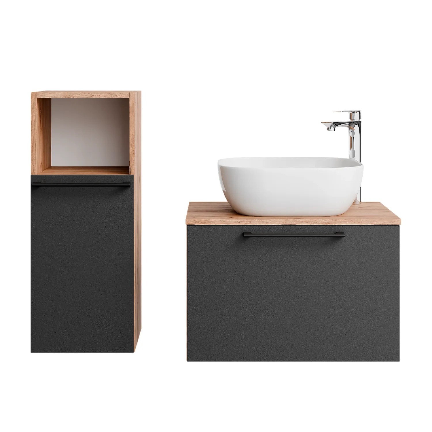 Planetmöbel ASTRA Badmöbel Set 60 cm mit Aufsatzwaschbecken 42,5 cm Weiß Midischrank Soft Close