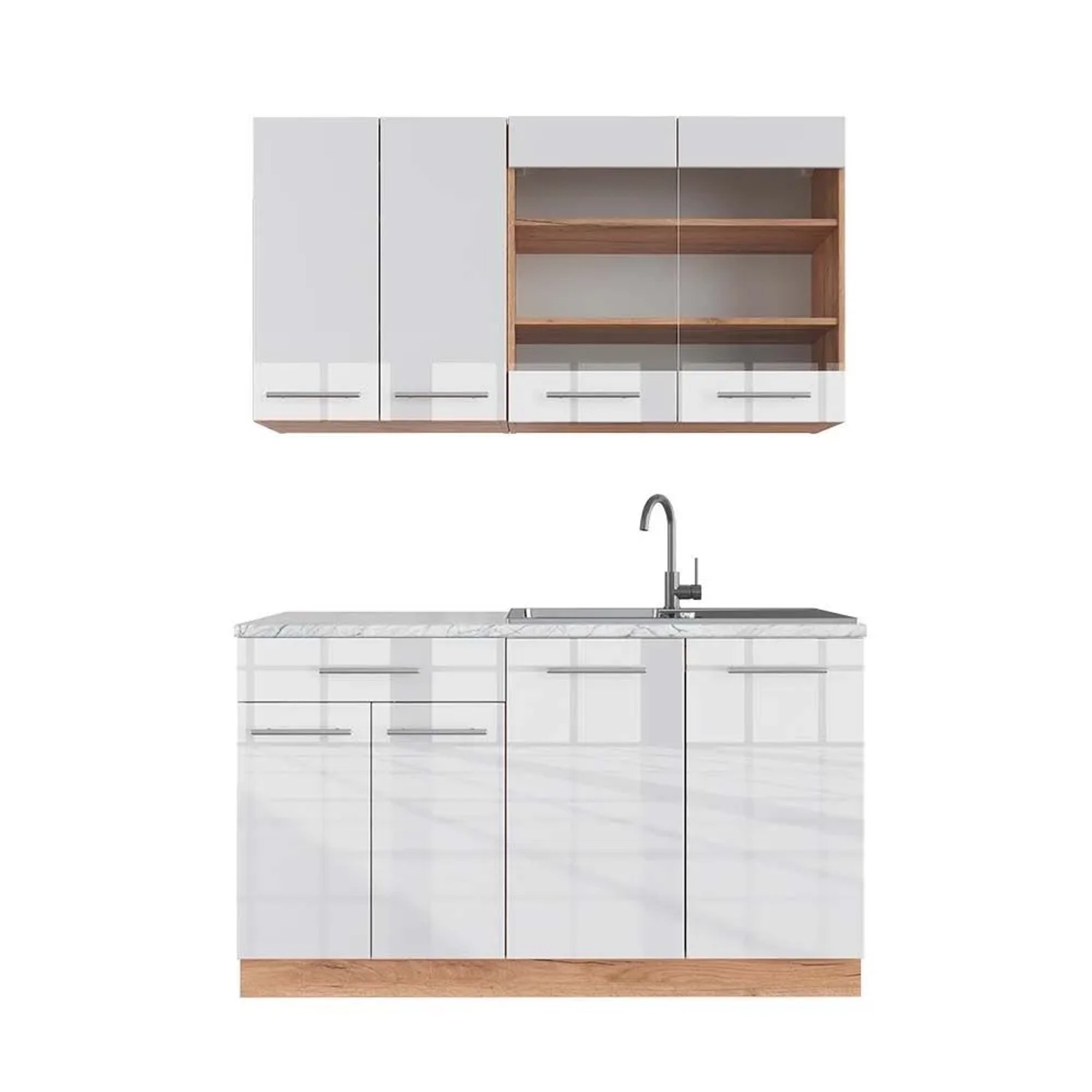 Vicco Fame-Line Singleküche Weiß Hochglanz Goldkraft Eiche 140 cm AP Marmor ohne E-Geräte