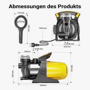 Wiltec Gartenpumpe 1200W: Detaillierte Maße, Seiten- und Draufsicht der Pumpe mit Anschlussgrößen und Montageschlüssel.