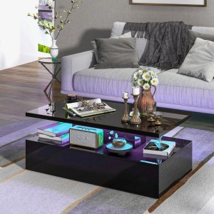 Schwarzer Costway LED-Couchtisch Hochglanz mit zwei Ebenen im Wohnzimmer.