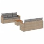 Beige 7-tlg. Garten-Sofagarnitur aus Rattan mit Tisch und grauen Kissen.