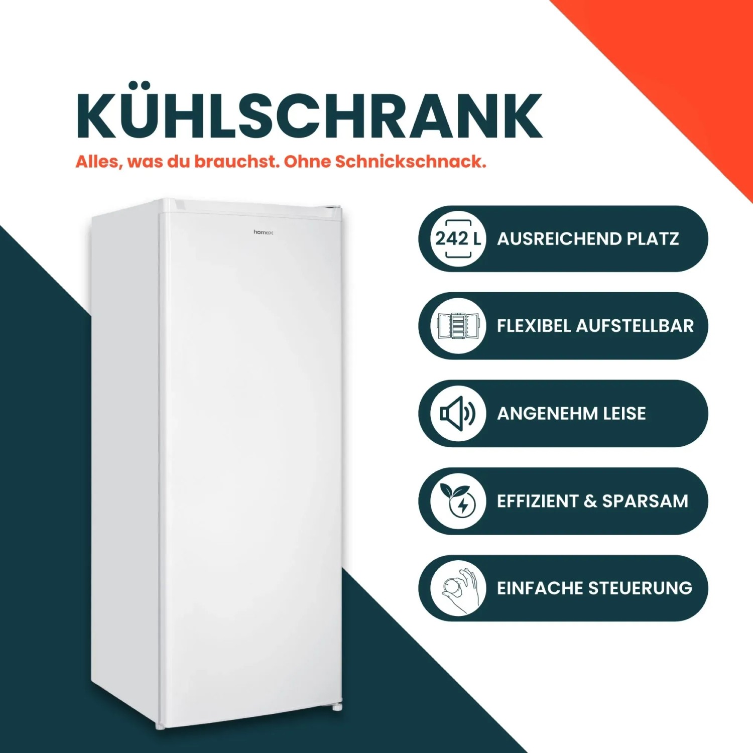 Weißer homeX Kühlschrank ohne Gefrierfach, 242 Liter, freistehend. Ideal für Single-Haushalte oder als Getränkekühlschrank.