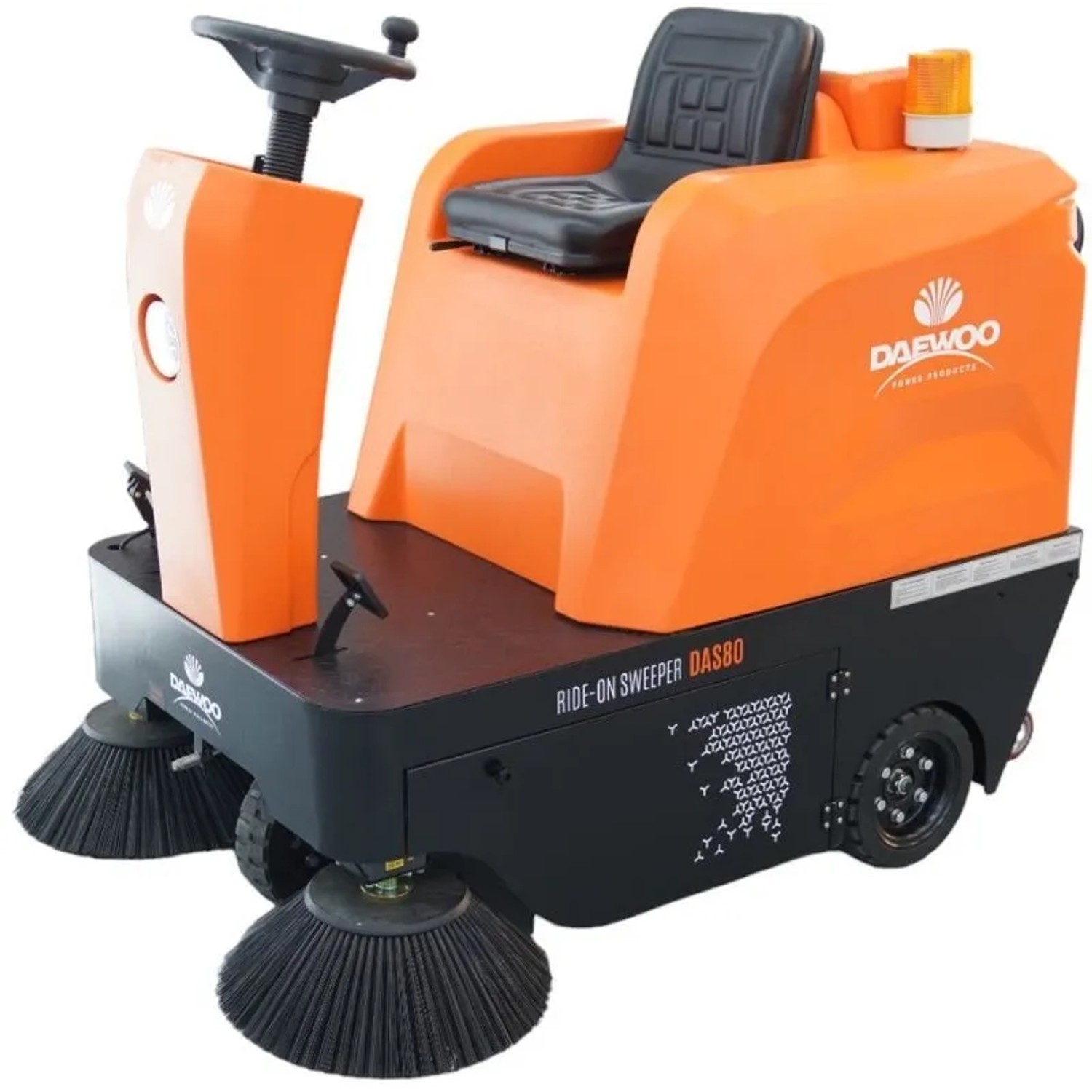 Orange-schwarze Daewoo Aufsitz Kehrmaschine mit Sitz, Lenkrad und zwei Seitenbürsten für effiziente Bodenreinigung.