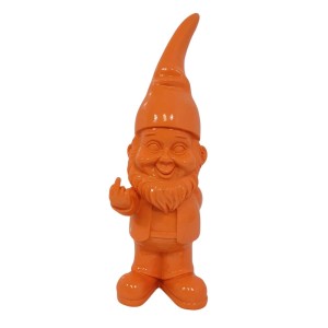 Orange Deko-Figur Zwerg, 58 cm, aus Polyresin, mit spitzer Mütze und Bart, zeigt den Stinkefinger. Gartendekoration.