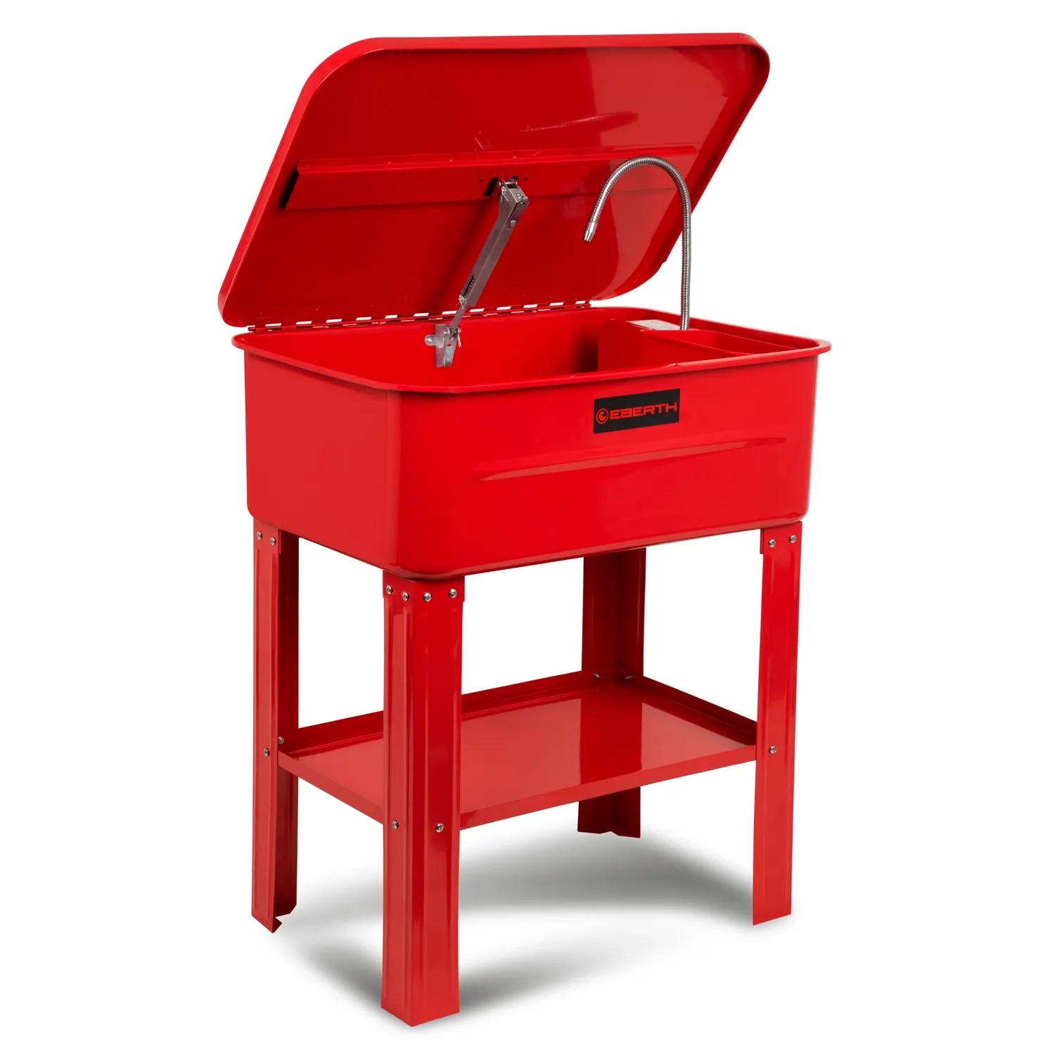 Rotes EBERTH Teilewaschgerät mit Pumpe, 80L Becken und Ablage für Werkstatt.
