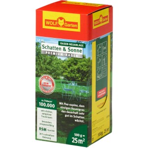 Wolf-Garten Premium Rasensamen Schatten und Sonne, 500g Packung für dichten, grünen Rasen.